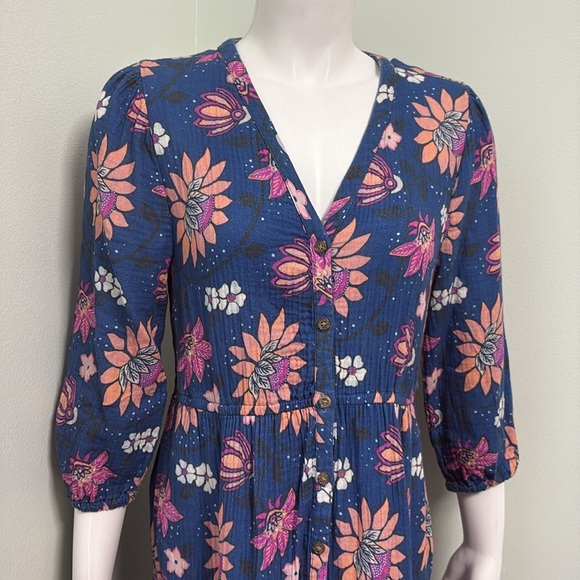Marine Layer Willow Long Sleeve Midi Dress Batik Floral 100% Cotton Blue Small - Picture 10 of 11